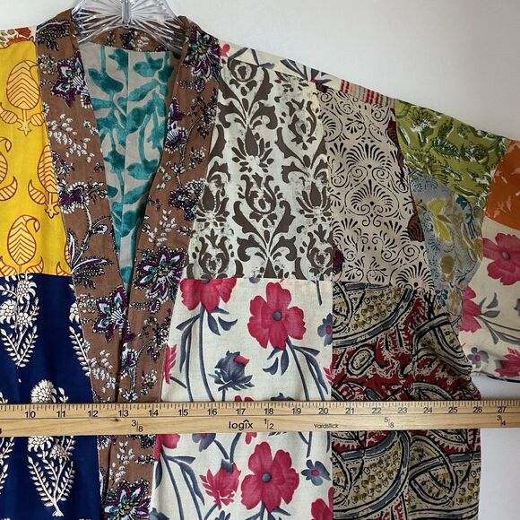 Unisex Patchwork Bagru Print Kantha Cotton Long Kimono OS House Robe Reversible - Picture 4 of 9